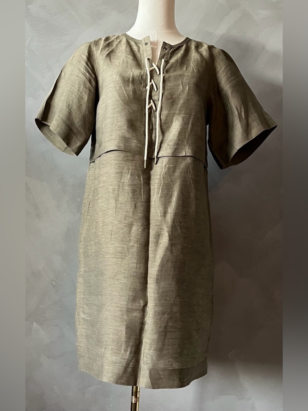 Burberry Brit Size:4 Women Olive Green Linen-Blend Lace-Up Shift Dress